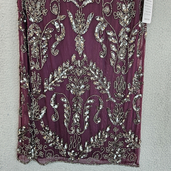 Pisarro Night Womens T Length Silver Beaded Gown Sz 8 Wine Color Chiffon Lined - Picture 5 of 15